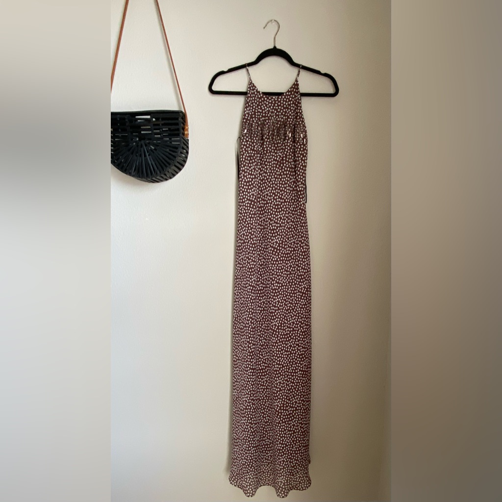 Vintage Cachet Spaghetti Strap Polka Dot Brown Beaded Maxi Dress, Size 4